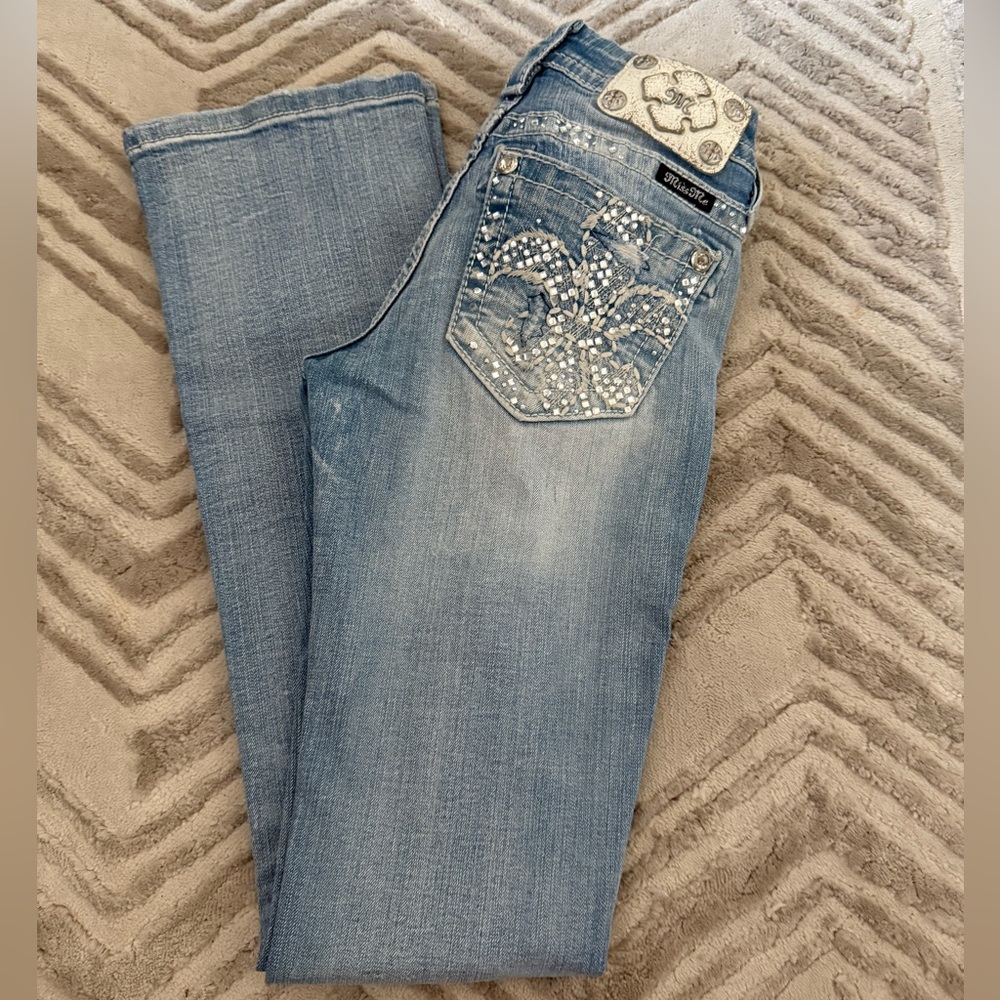 Miss Me Light Blue Boot Cut Jeans with Silver Embellishments